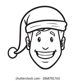 man with santa hat. comic, outline, monochrome, avatar, face.