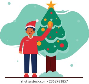 Man in Santa hat decorating Christmas tree. Merry Christmas and Happy New Year vector illustration.