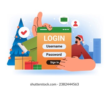 man in santa hat login to social media app mobile or computer application users entering username and password online registration