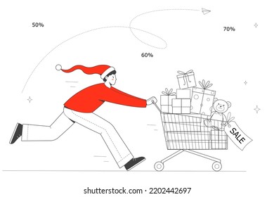 Man in  Santa hat runs with  shopping cart full of purchases. Shopping for the new year. The concept of a Christmas sale. Vector illustration