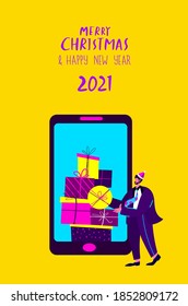 Man in Santa Hat Take Huge Gifts Boxes Present in Smartphone Screen.Christmas Online Shopping Purchasing Application.Happy New Year,Christmas.Internet Post.Congratulate Online Flat Vector illustration