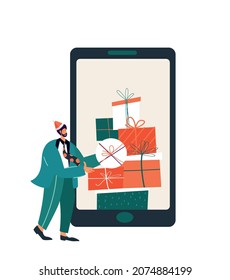 Hombre en Santa Hat lleva enormes cajas de regalos presentes en la pantalla del Smartphone.Christmas Online Shopping Purchasing Application.Happy New Year,Christmas.Internet Post.Felicitar ilustración del vector plano en línea