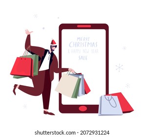 Hombre en Santa Hat Take Package presente en pantalla de Smartphone.Christmas Online Shopping Purchasing Application.Happy New Year,Christmas.Internet Post.Felicitar a la ilustración de un vector plano en línea