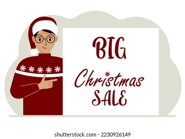 A man in a santa hat and an ugly sweater next to a Big Christmas Sale poster. Christmas market. Vector flat illustration.