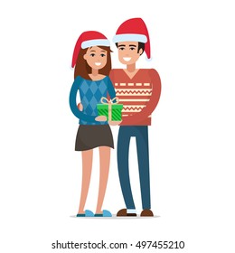 Man in Santa hats gives gifts. Love couple. Christmas  gifts and decoration.  Flat style vector illustration.