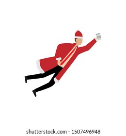 Man in Santa suit with coffee Flat cartoon character isolated on white background