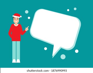 Man with Santa's hat and big speech bubble. creative teacher, student, helper giving advice. flat vector illustration turquoise background. Christmas message, discussion, idea banner