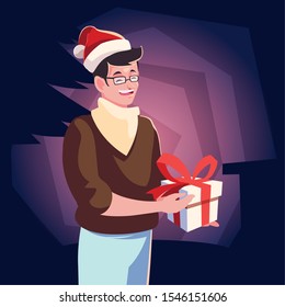Man with santas hat design, Merry christmas season decoration card invitation celebration and holiday theme Vector illustration