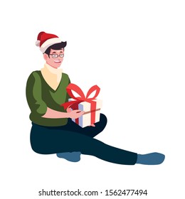 Man with santas hat design, Merry christmas season decoration card invitation celebration and holiday theme Vector illustration