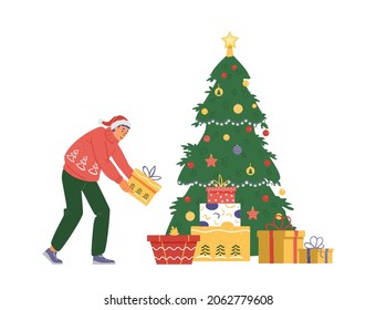 Man in Santa's hat puts gift box under Christmas tree. Flat vector illustration.
