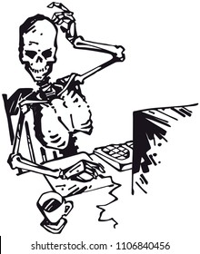 the man sat at the computer   realized that he had long since died   turned into skeleton