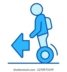 A man with a satchel rides a hoverboard, the direction is forward - icon, illustration on white background, color style