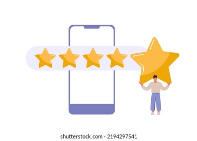 Man satisfied customer give rating 5 stars on smartphone. People feedback vector illustration by giving star rating. Flat online shopping with give five rating and review.