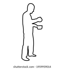Man with saucepan in his hands preparing food Male cooking use sauciers with open lid contour outline black color vector illustration flat style image