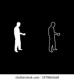 Man with saucepan in his hands preparing food Male cooking use sauciers silhouette white color vector illustration solid outline style image