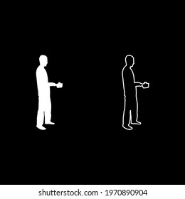 Man with saucepan in his hands preparing food Male cooking use sauciers silhouette white color vector illustration solid outline style image
