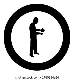 Man with saucepan in his hands preparing food Male cooking use sauciers water poured in mug silhouette in circle round black color vector illustration solid outline style image