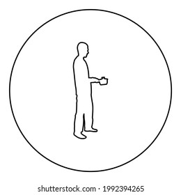 Man with saucepan in his hands preparing food Male cooking use sauciers silhouette in circle round black color vector illustration contour outline style image 