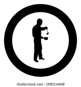 Man with saucepan scoop ladle Kitchen utensil Crack for soup in his hands preparing food Male cooking use sauciers silhouette in circle round black color vector illustration solid outline style image