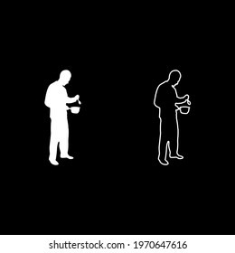 Man with saucepan spoon in his hands preparing food Male cooking use sauciers silhouette white color vector illustration solid outline style image