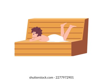 Man in sauna steam room laying on wooden bench, cartoon flat vector illustration isolated on white background. Wellness and spa body care procedures.