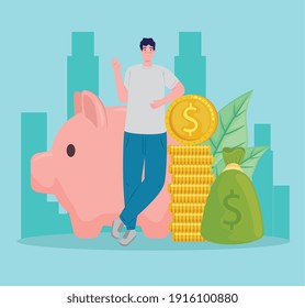 man saver with piggy savings and money economy vector illustration design