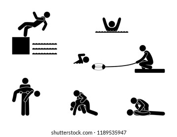 man saves a drowning man, stick figure pictogram swimming, human silhouette, isolated symbol, icon set, first aid to the victim in the water