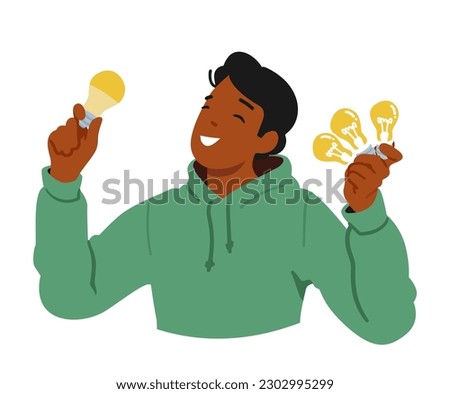 Man Saves Energy By Using Led Bulb For Lighting. Male Character Efficient And Eco-friendly Choice, Reducing Electricity Consumption And Promoting Sustainability. Cartoon People Vector Illustration