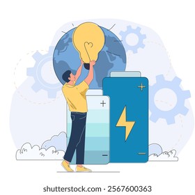 Man saves energy. Young guy with light bulb near batteries. Smart electricity consumption. Caring for ecology and environment. Eco friendly activist. Linear vector illustration