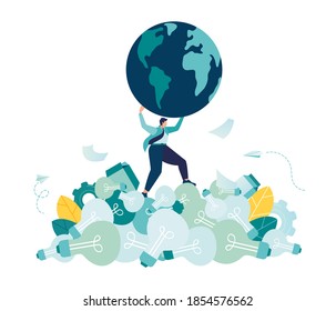 Man saves the planet from pollution by standing on a pile of garbage and holding the planet in his hands, Vector illustration save the planet, Earth Day concept