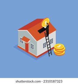 Man saving for buying a new house isometric 3d vector illustration concept for banner, website, illustration, landing page, flyer, etc.