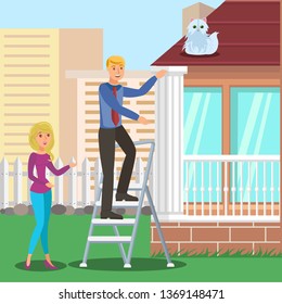 Man Saving Cat from Roof Flat Vector Illustration. Husband, Neighbor on Ladder Cartoon Character. Excited Feline Pet Owner Asking for Help, Favor. Friends, Spouses Rescue Fluffy Domestic Animal
