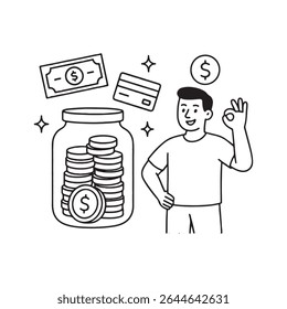 Man Saving Money With Coin Jar, Cash, And Credit Card Illustration