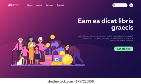 Man saving money for family. Parents, grandparents and kids standing at banknotes and coins flat vector illustration. Banking concept for banner, website design or landing web page