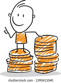 Man Saving Money - Gold Coins - Bank -  Isolated Vector Illustration Outline Hand Drawn Doodle Line Art Cartoon Design Character.
