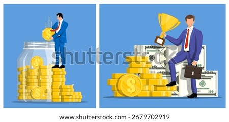 Man saving money in a jar and another man winning a trophy. Investment success and financial growth concept. Business achievement.