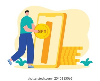Man saving money on mobile phone app, saving money electronically. Design character. Vector flat illustration