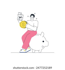 Man Saving Money in Piggy Bank Outline Illustration