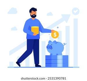 Man saving money, piggy bank, coins, banknote stack, and bar graph. Personal finance, savings, wealth management, and investment growth concept. Flat vector illustration isolated on a white background