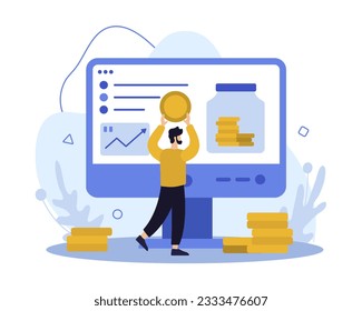 Man saving money, using bank account. Online banking, payment for purchases and services with different gadgets. Financial investments and services concept. Flat vector illustration