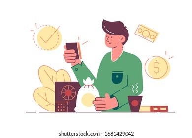 Man saving money vector illustration. Guy with moneybag open safe with face id on smartphone flat style design. Banknotes and coins symbols. Savings concept. Isolated on white