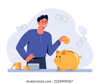 Man saving money. Young guy puts coin in piggy bank. Financial literacy and passive income, budgeting and savings. Poster or banner for website. Economy and trading. Cartoon flat vector illustration