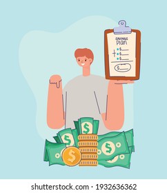 man with saving plan, dollars and coins vector illustration design