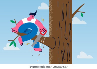 Man saw branch he sit on risk fall down lose everything. Stupid careless male employee or worker involved in risky business project, experience failure or loss. Human stupidity. Vector illustration. 