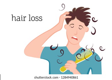 The man saw the hair on the comb and sad because of the loss and baldness. Vector illustration of a person with disease problems