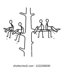 A man is sawing a branch on which he is sitting. Illustration of men sitting on different branches of a tree. Vector. Illustration for animation, banner or site. Simple contour man.
