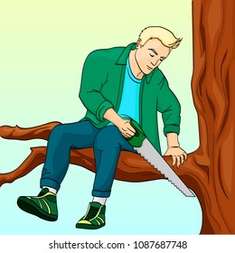 Man sawing tree branch on which sits pop art retro vector illustration. Make yourself worse metaphor. Color background. Comic book style imitation.