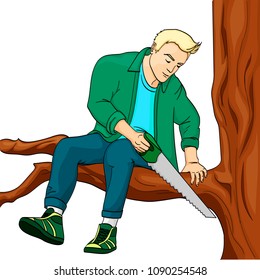 Man sawing tree branch on which sits vector illustration. Make yourself worse metaphor. Color background. object on white background