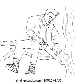 Man sawing tree branch on which sits vector illustration. Make yourself worse metaphor. Coloring object on white background