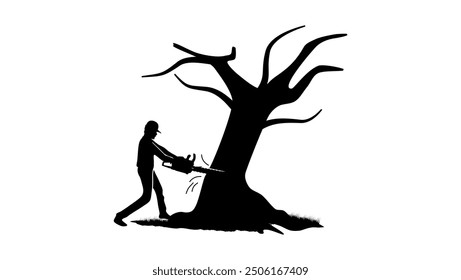 man sawing tree with chainsaw, black isolated silhouette